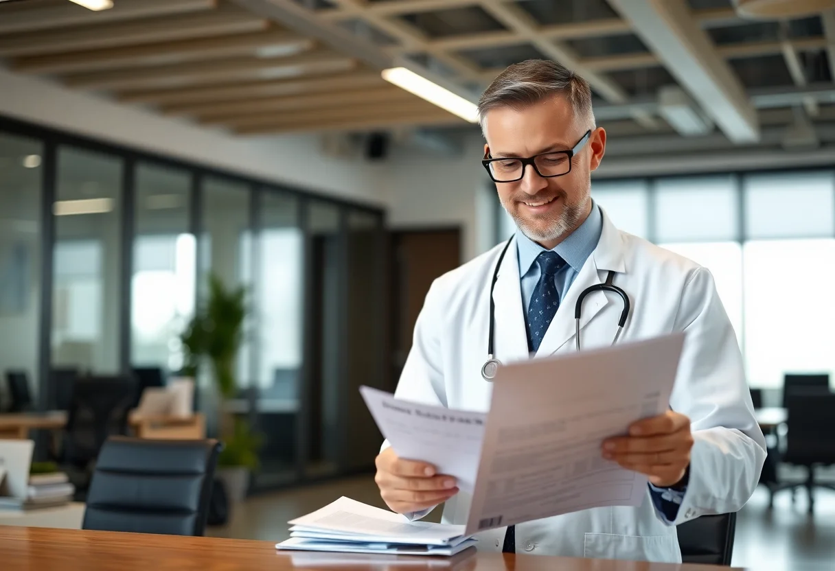 A confident doctor reviewing financial documents in a modern office.