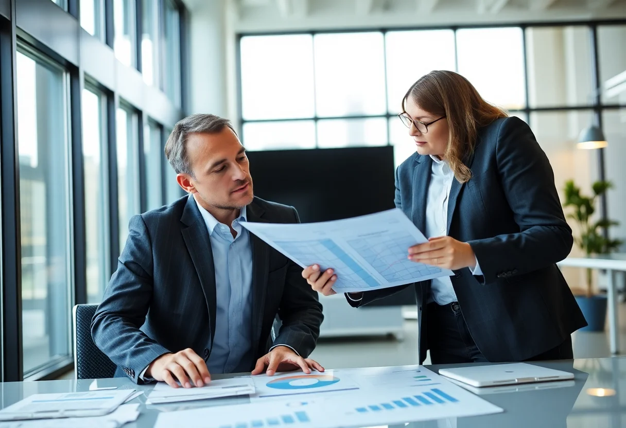 A professional discussing charts on a tablet in a modern office setting.