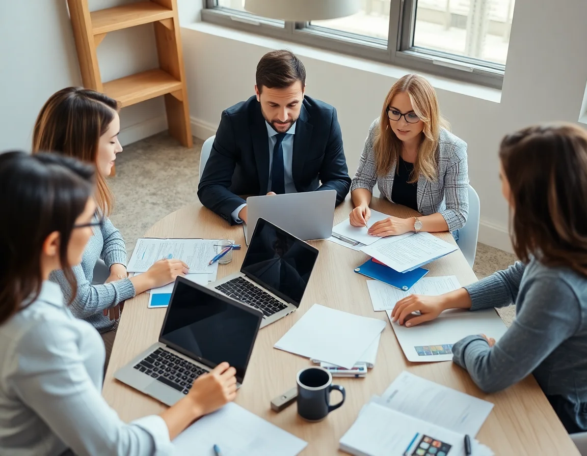 A team of professionals collaborating around a table with laptops and documents.