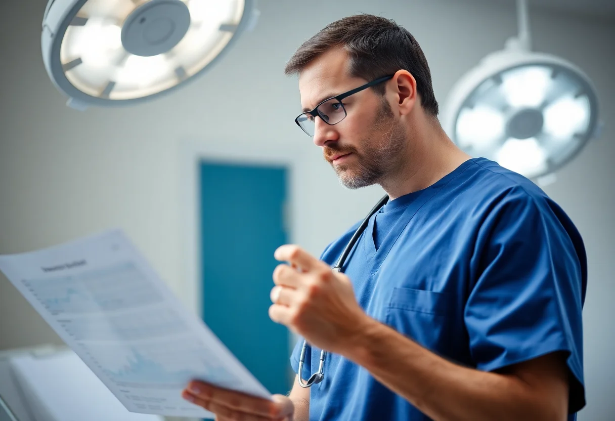 Experienced male surgeon in scrubs looking thoughtfully at a chart