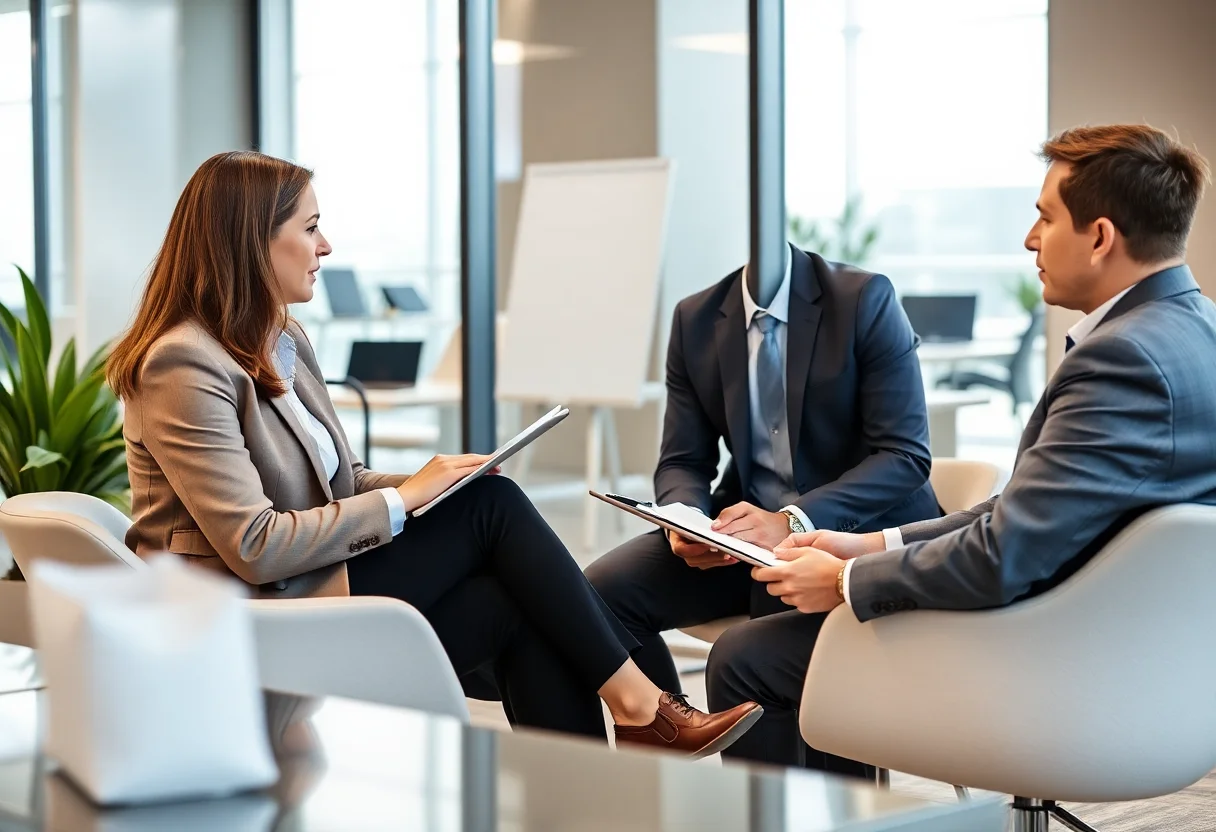 Financial advisor meeting with a client in a modern office