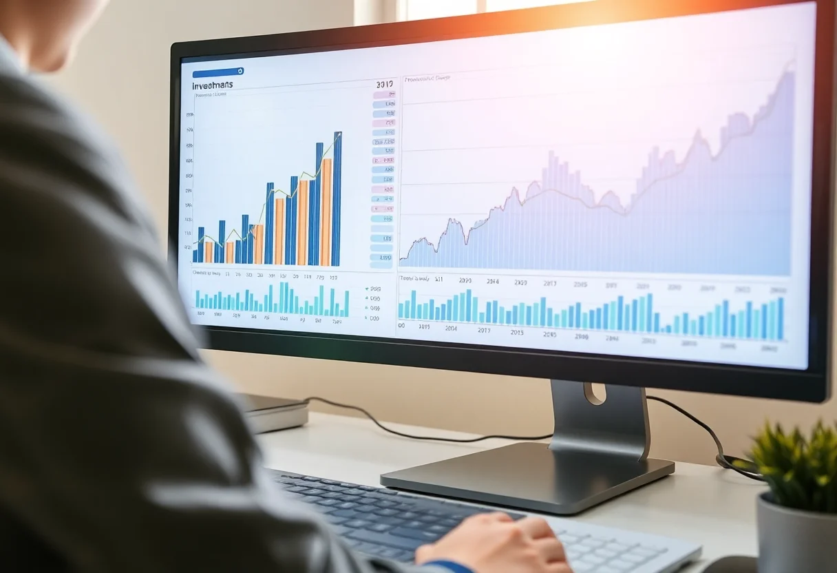 Financial charts and graphs on a computer screen showing investment growth.