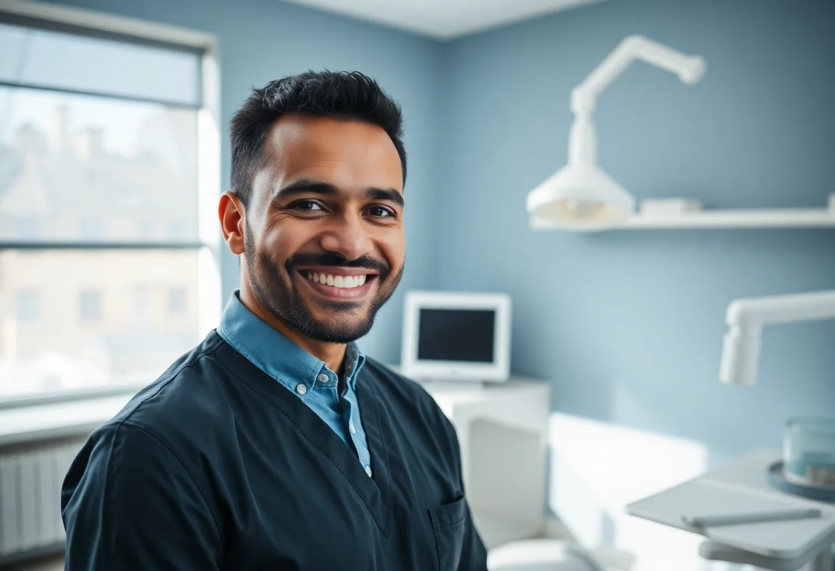 Senior male dentist smiling in his modern dental office