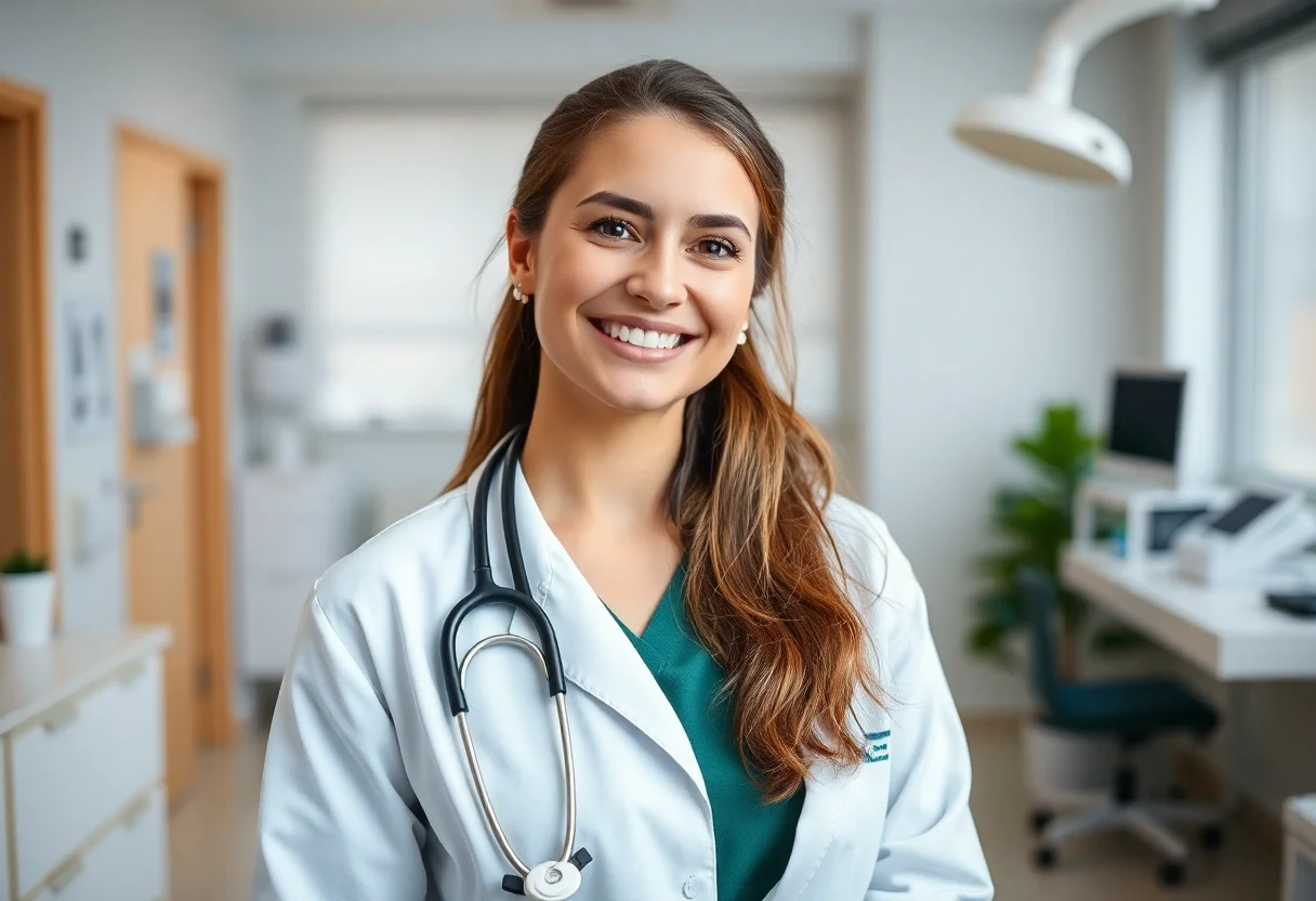 Young female doctor smiling confidently in a modern clinic